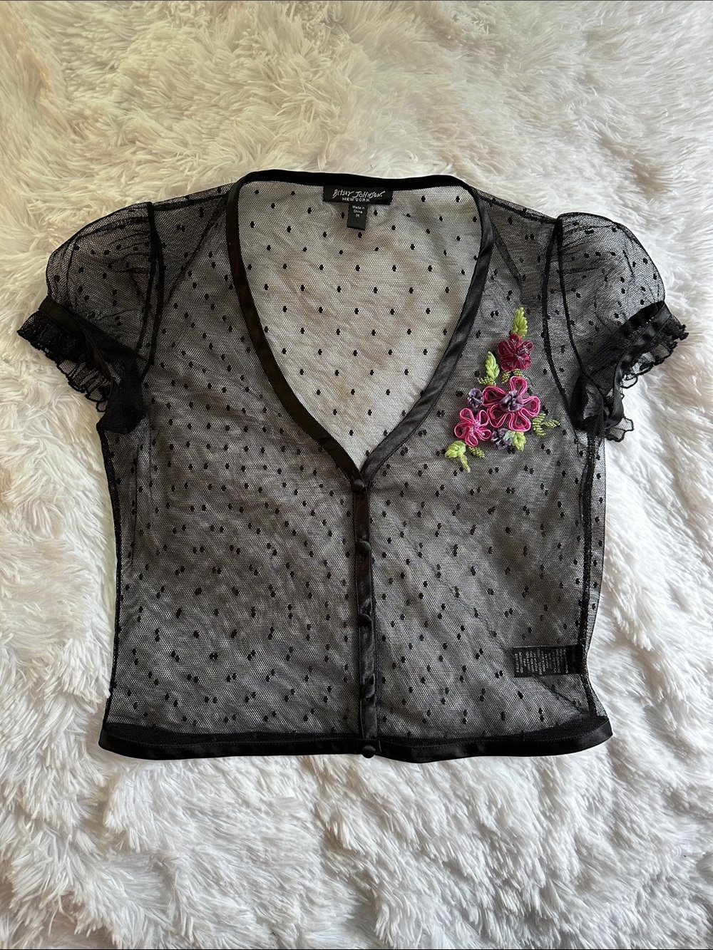 Vintage 90s y2k Betsey Johnson Mesh Button Top with Beaded Flower M